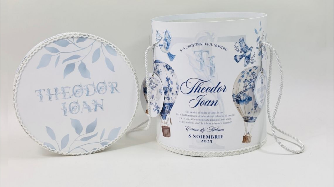 Trusou botez baietel Hot Air Balloon Blue Toile cu baloane de aer cald design elegant 37